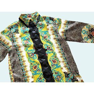 Vintage FRED DAVID 90s 00s Y2K Mixed Print Silky Tunic Blouse Top Shirt Size Sm